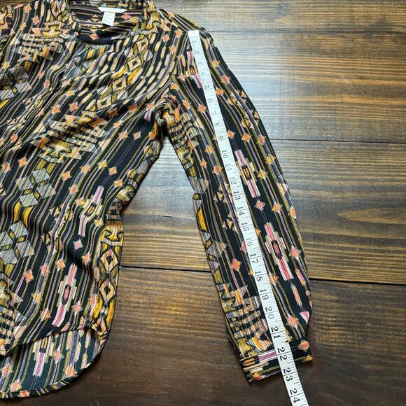 H&M Sheer Southwest Blouse Women’s 4 V-Neck Button Down Boho Black Shirt Top - Picture 5 of 11